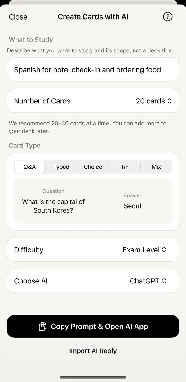 Create Cards with AI: pick a topic, card count, type and your AI